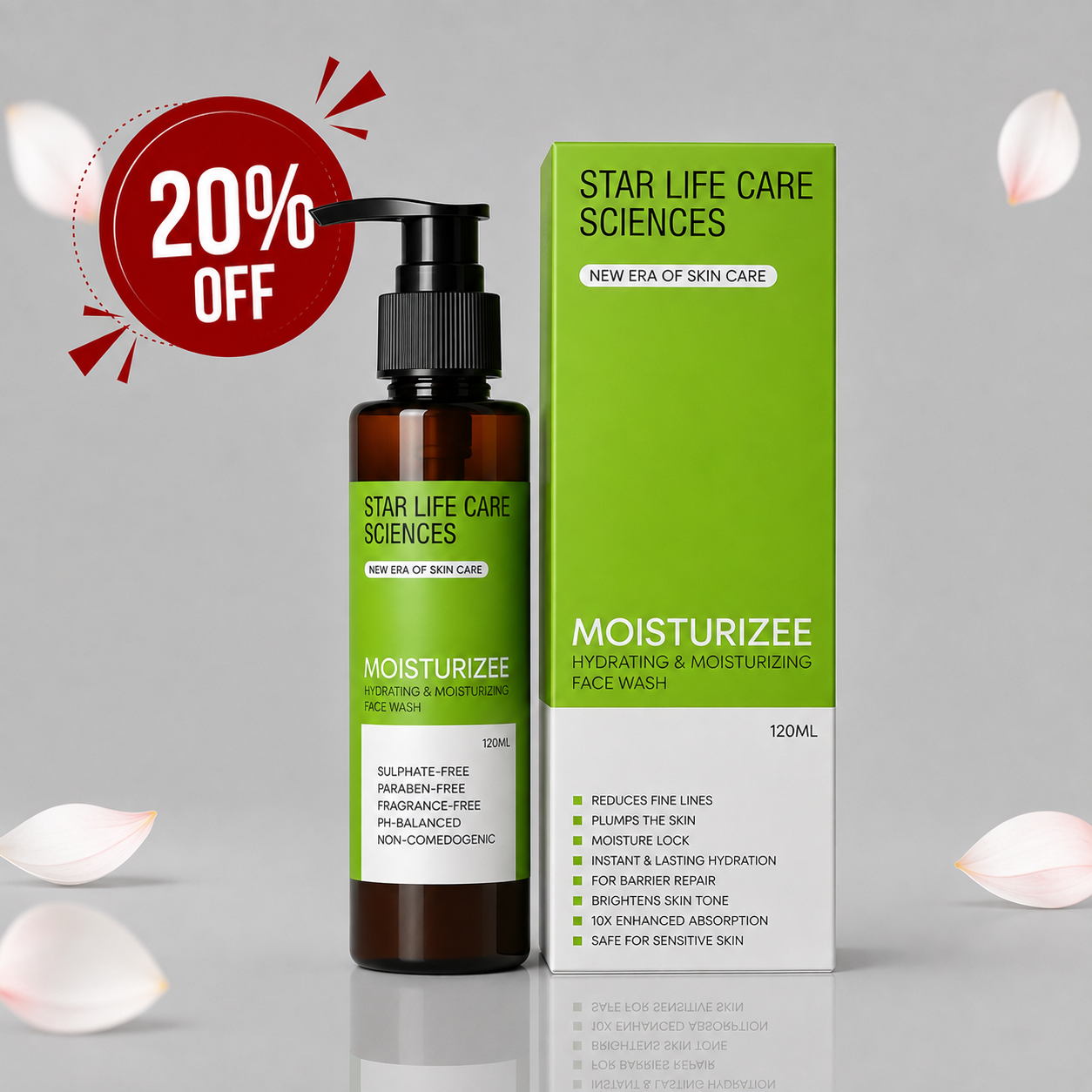Star Life Care Sciences Moisturizee Hydrating & Moisturizing Face Wash pump bottle and green packaging box with 20% OFF badge.